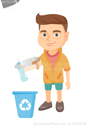 Image of Boy throwing plastic bottle in recycle bin.