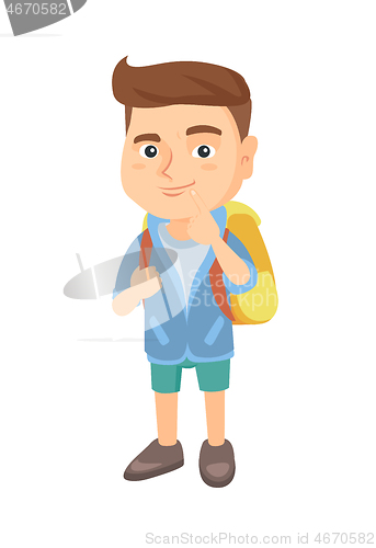 Image of Caucasian little boy with school bag thinking.