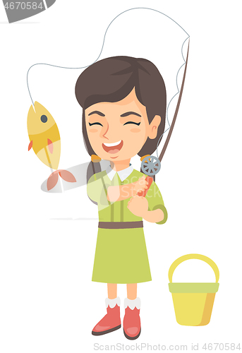 Image of Little girl holding fishing rod with fish on hook.