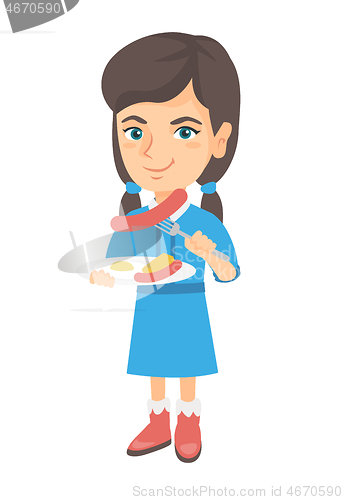 Image of Girl eating sausage and fried egg for breakfast.