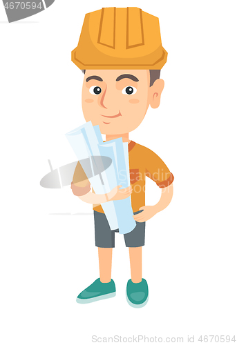 Image of Little caucasian engineer boy holding paper plans.