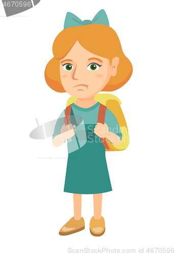 Image of Little caucasian sad schoolgirl carrying backpack.