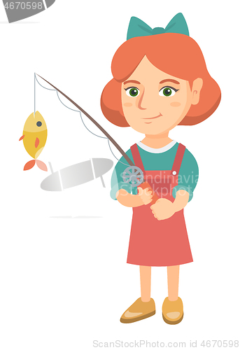 Image of Little girl holding fishing rod with fish on hook.