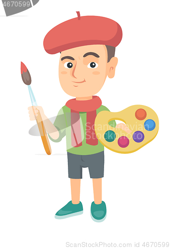 Image of Boy dressed as an artist holding brush and paints.