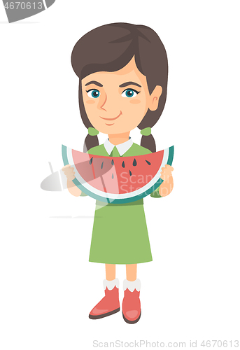 Image of Young caucasian girl eating delicious watermelon.