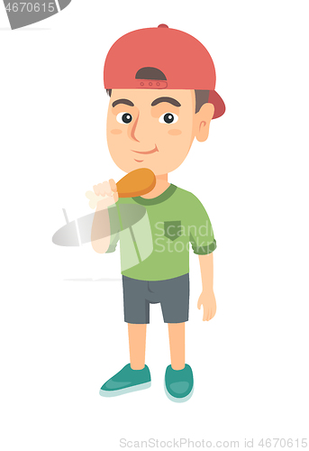 Image of Caucasian boy eating roasted chicken leg.