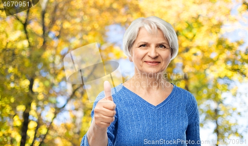 Image of senior woman r showing thumbs up in autumn park