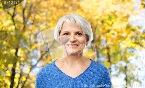 Image of portrait of smiling senior woman in autumn park