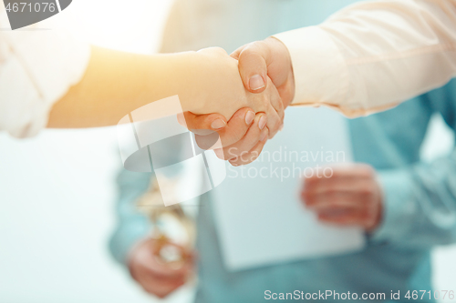 Image of Boss approving and congratulating young successful employee