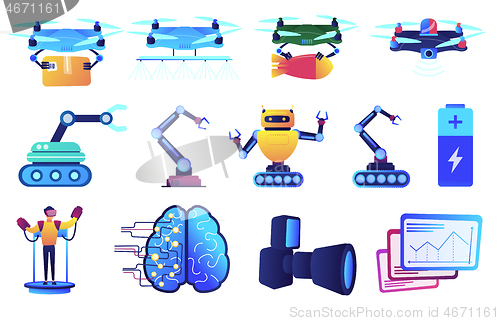 Image of Robot technology and drone delivery service vector illustrations set.