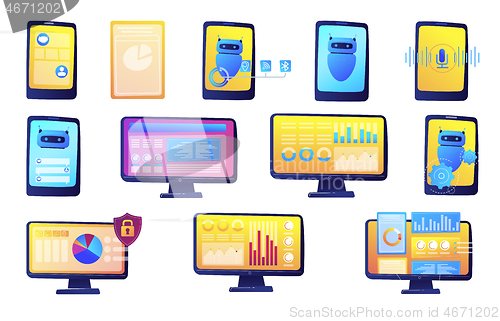 Image of Computer data analysis and chat bot vector illustrations set.