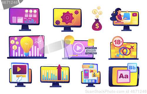 Image of Computer and digital content vector illustrations set.