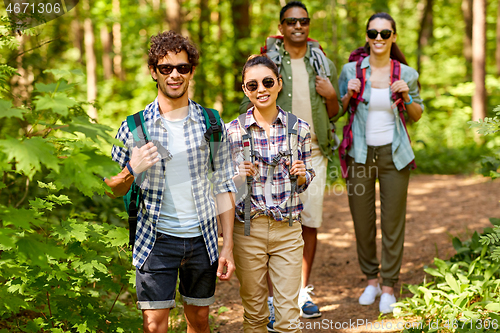 Image of group of friends with backpacks hiking in forest