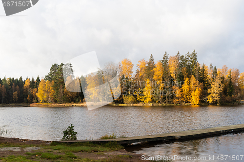 Image of Colorful autumnal scene by a lake