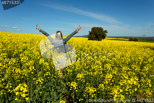 Image of Excuted farm girl in bumper crop of canola