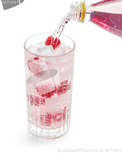 Image of pink soft drink pouring into glass