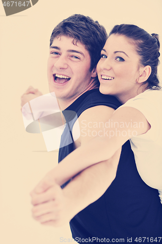 Image of happy young couple fitness workout and fun