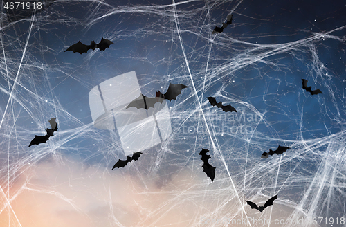 Image of black bats over starry night sky and spiderweb