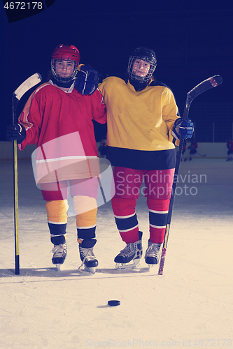 Image of teen girls ice hockey players portrait