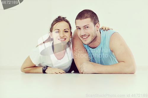 Image of happy young couple fitness workout and fun