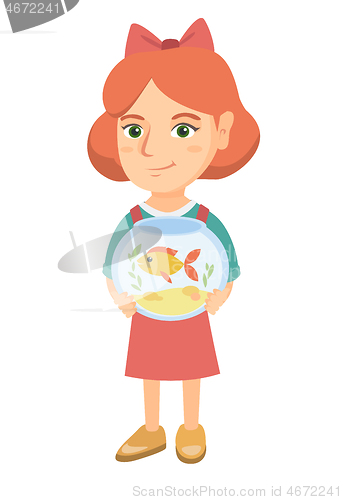 Image of Caucasian girl holding aquarium with goldfish.