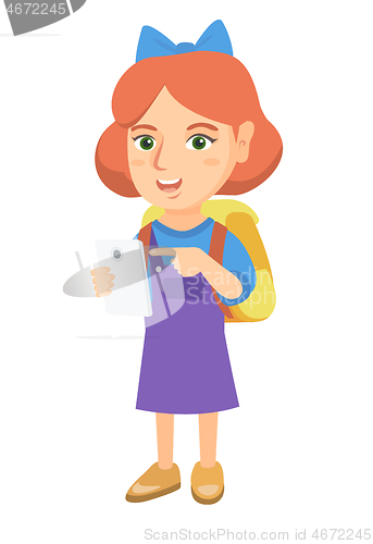 Image of Caucasian girl with backpack pointing at cellphone