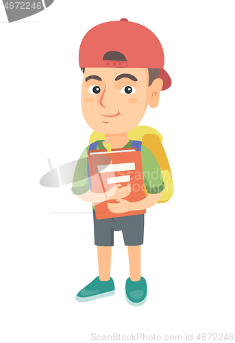 Image of Caucasian schoolboy with backpack and textbook.