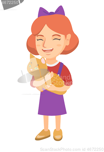 Image of Caucasian happy girl holding a cat.