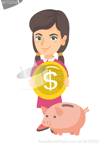 Image of Caucasian girl putting a coin into a piggy bank.