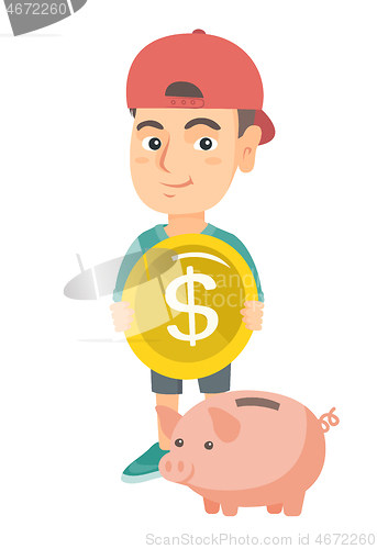 Image of Caucasian boy putting a coin into a piggy bank.