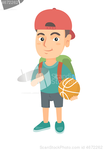 Image of Schoolboy with backpack holding a basketball.
