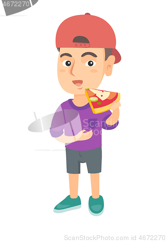 Image of Caucasian boy eating tasty pizza.