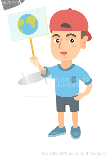 Image of Caucasian boy holding a placard with planet.