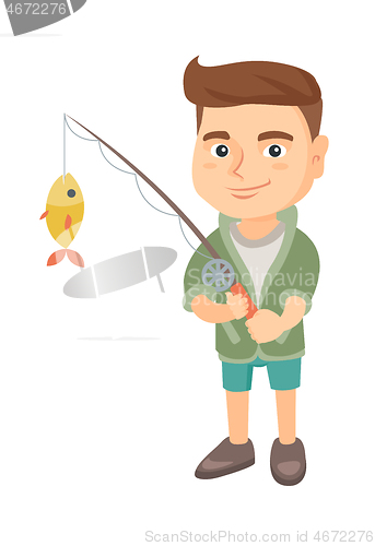 Image of Little boy holding fishing rod with fish on hook.