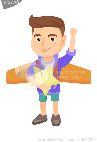 Image of Caucasian boy with airplane wings behind his back.