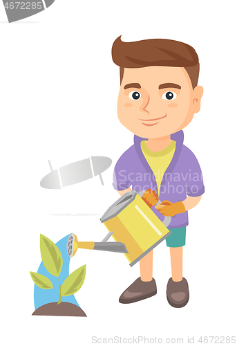 Image of Caucasian boy watering plant with a watering can.