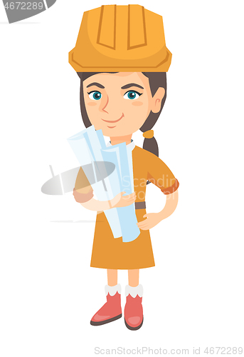 Image of Little caucasian engineer girl holding paper plans