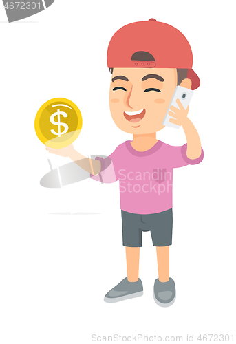 Image of Boy businessman talking on phone and holding coin.