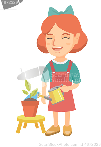 Image of Caucasian girl watering plant with a watering can.