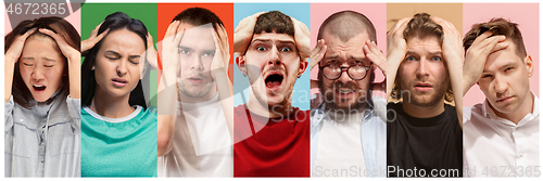 Image of Group of cool people, woman and man stressful keeping hands on head