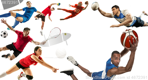 Image of Sport collage about soccer, american football, basketball, volleyball, tennis, rugby, handball