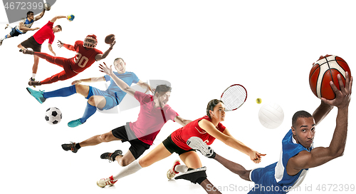 Image of Sport collage about soccer, american football, basketball, volleyball, tennis, rugby, handball