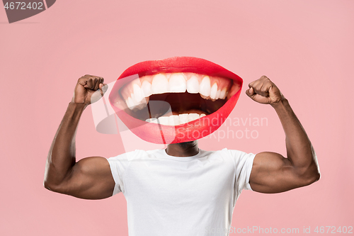 Image of Collage in magazine style with happy emotions and female lips instead of head.