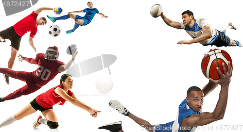 Image of Sport collage about soccer, american football, basketball, volleyball, rugby, handball