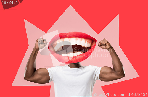 Image of Collage in magazine style with happy emotions and female lips instead of head.