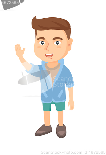 Image of Caucasian little boy waving hand.