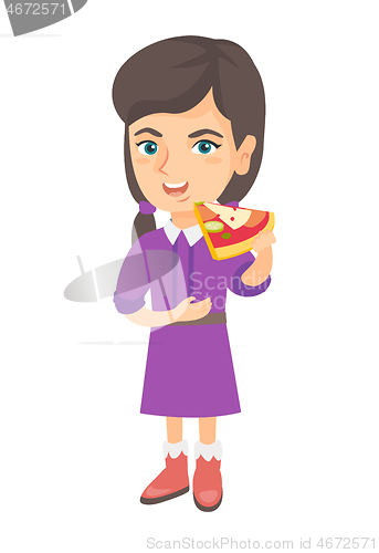 Image of Caucasian girl eating tasty pizza.