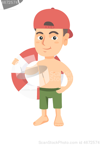 Image of Little caucasian boy holding a red-white lifebuoy.