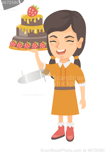 Image of Little caucasian girl holding a chocolate cake.