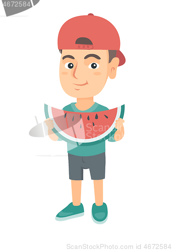 Image of Young caucasian boy eating delicious watermelon.